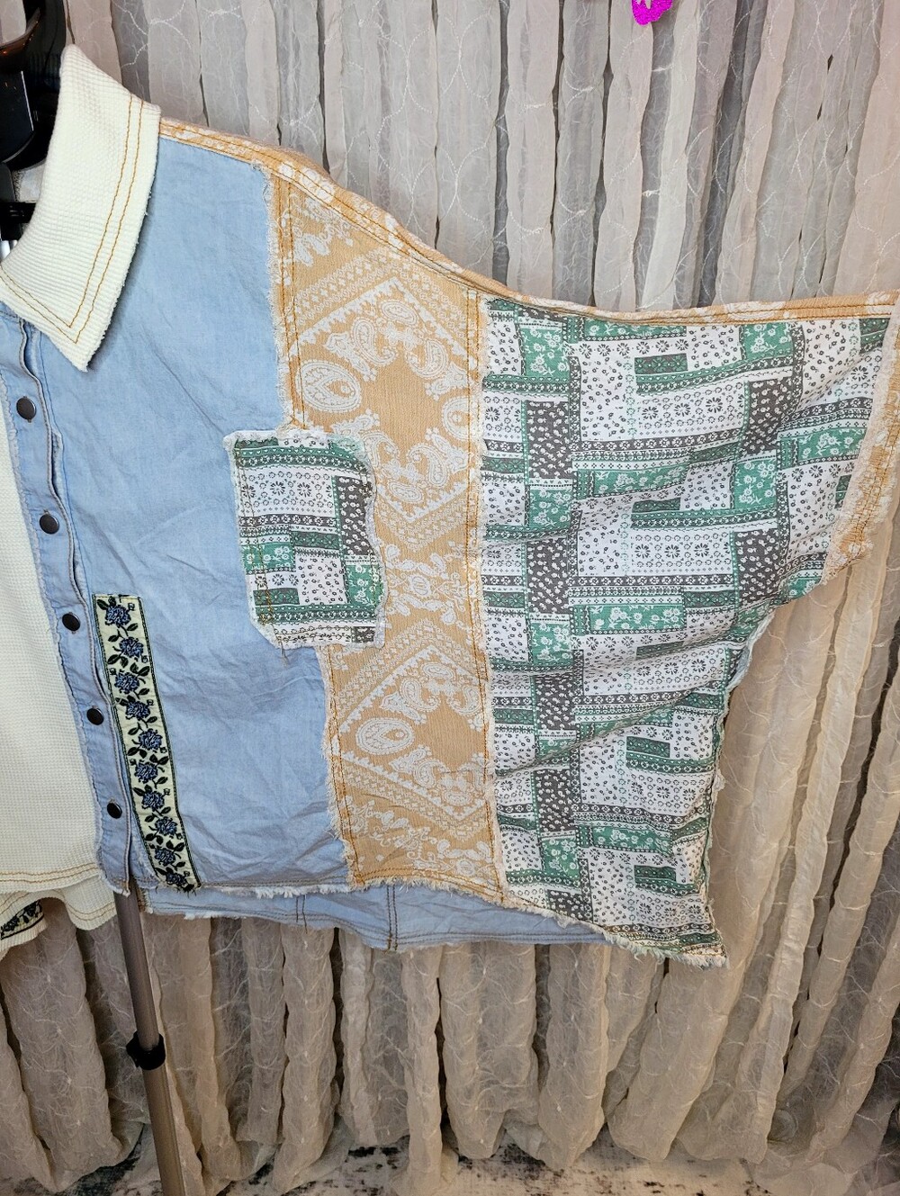 POL Button Down Denim Chambray Waffle Knit Flower Patchwork 100% Cotton Shacket - Picture 6 of 11